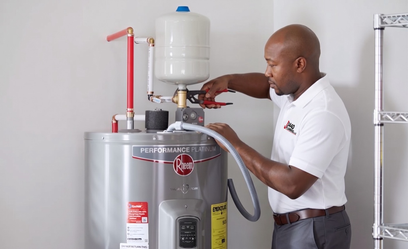 J1440 plumber tightening the fittings on a new Rheem Performance Platinum water heater